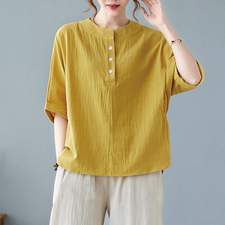 Buddha Stones Women's Plain Batwing Sleeve Design Half Sleeve Cotton Linen Shirt