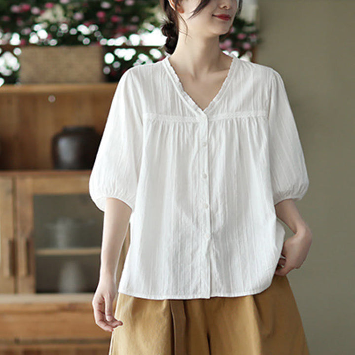 Buddha Stones Women's Pure White Lace V-neck Design Half Sleeve Cotton Shirt - image 9