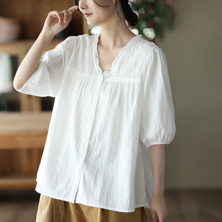 Buddha Stones Women's Pure White Lace V-neck Design Half Sleeve Cotton Shirt - image 3