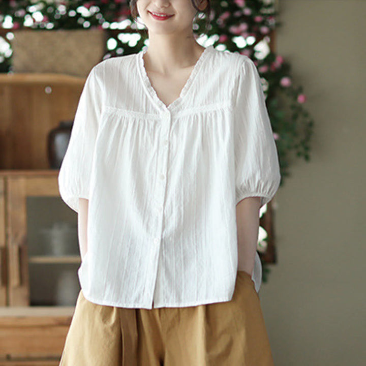 Buddha Stones Women's Pure White Lace V-neck Design Half Sleeve Cotton Shirt - image 1