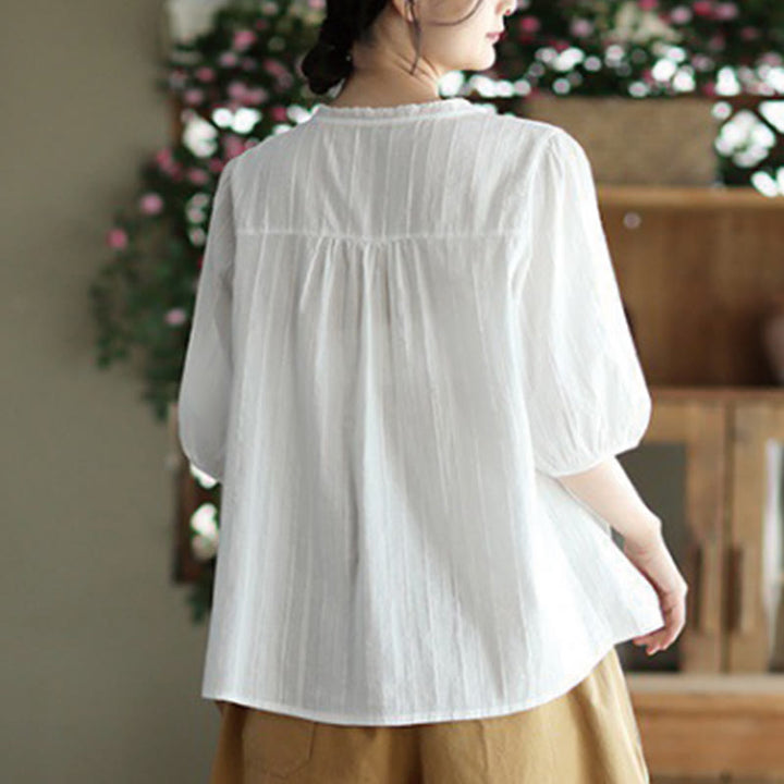 Buddha Stones Women's Pure White Lace V-neck Design Half Sleeve Cotton Shirt - image 2