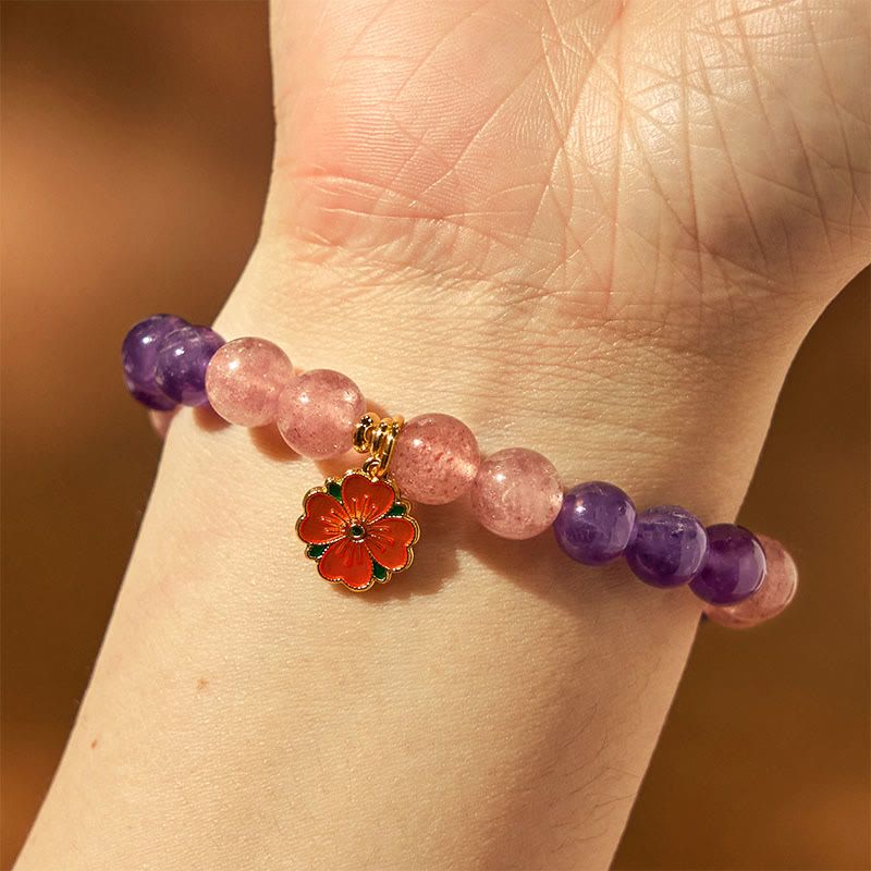 Buddha Stones Year of the Snake Amethyst Strawberry Quartz Flower Charm Healing Bracelet