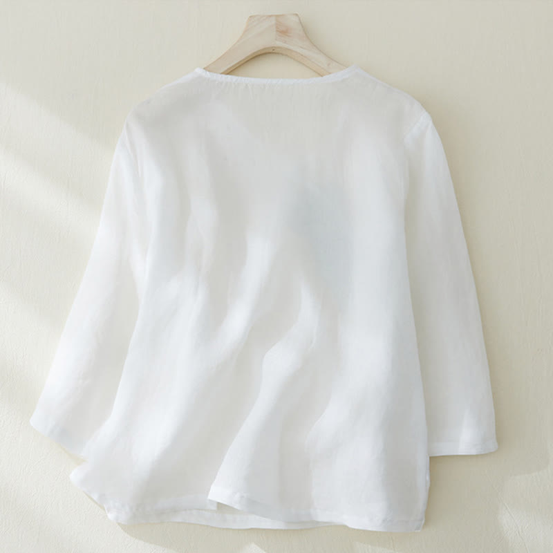 Buddha Stones Casual Women's Embroidery Plants Design Three Quarter Sleeve Cotton Linen Shirt - image 8