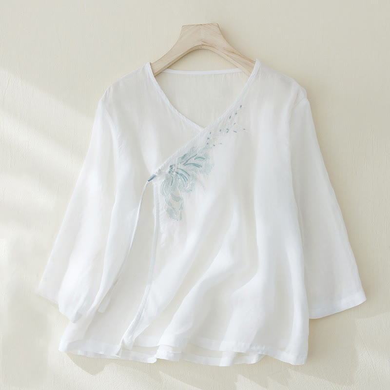 Buddha Stones Casual Women's Embroidery Plants Design Three Quarter Sleeve Cotton Linen Shirt - White - US8-10，UK/AU12-14，EU40-42 (2XL) - image 7