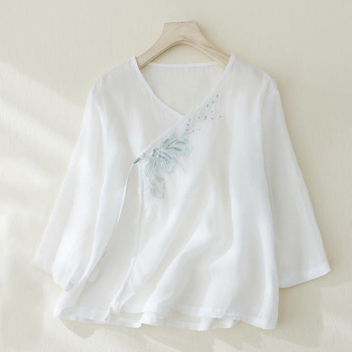 Buddha Stones Casual Women's Embroidery Plants Design Three Quarter Sleeve Cotton Linen Shirt - White - US8-10，UK/AU12-14，EU40-42 (2XL) - image 7