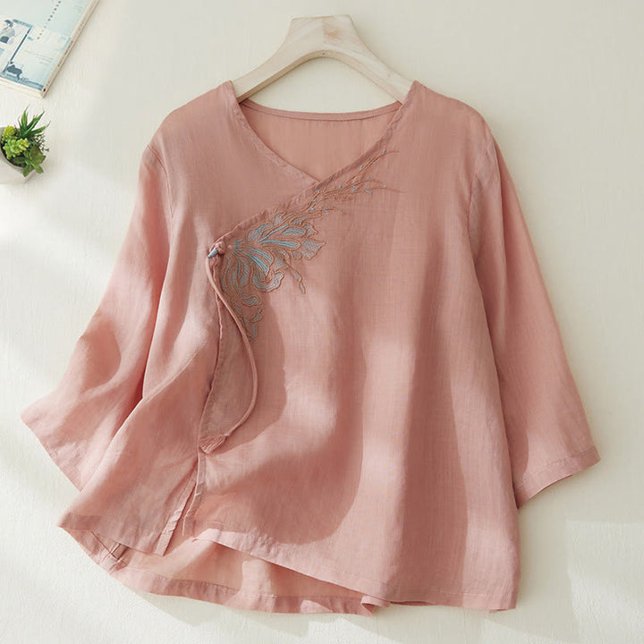 Buddha Stones Casual Women's Embroidery Plants Design Three Quarter Sleeve Cotton Linen Shirt