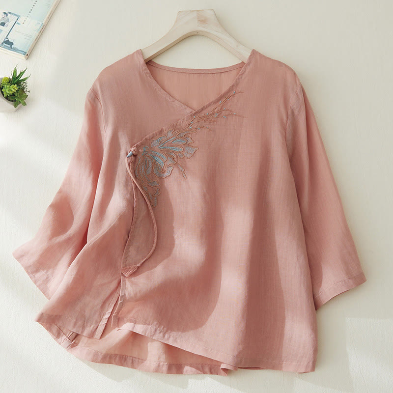 Buddha Stones Casual Women's Embroidery Plants Design Three Quarter Sleeve Shirt - MistyRose - US8-10，UK/AU12-14，EU40-42 (2XL) - image 0