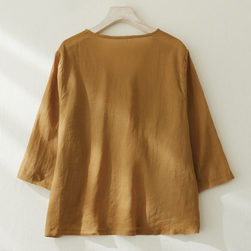 Buddha Stones Casual Women's Embroidery Plants Design Three Quarter Sleeve Cotton Linen Shirt - image 14