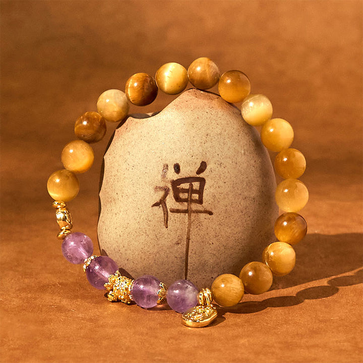 Buddha Stones Year of the Snake Tiger Eye Amethyst Fu Character Strength Bracelet