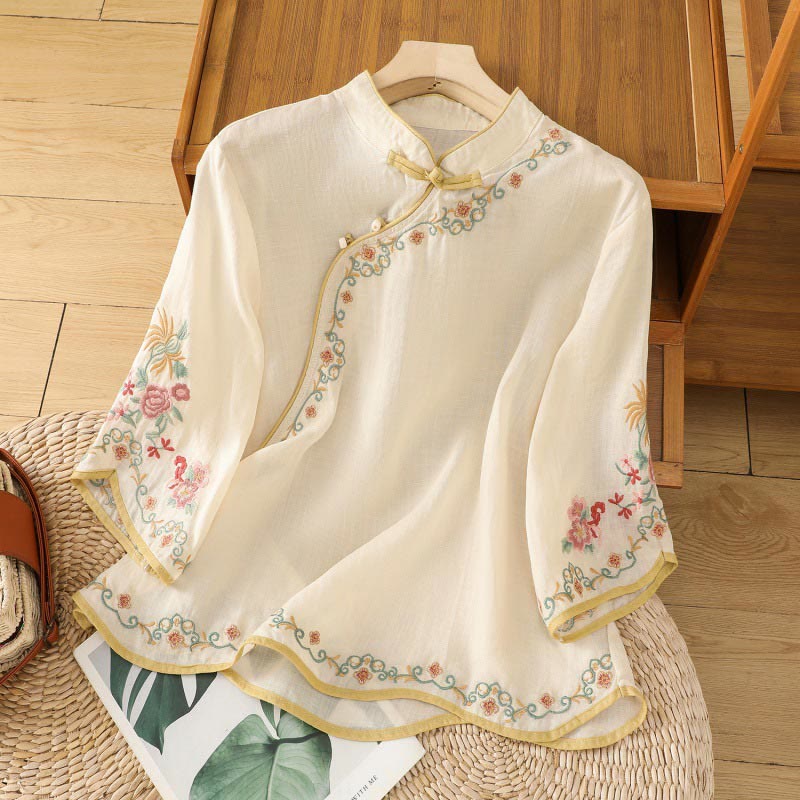 Buddha Stones Casual Women's Embroidered Flower Stand Collar Design Three Quarter Sleeve Cotton Linen Shirt - OldLace - US8-10，UK/AU12-14，EU40-42 (2XL) - image 0