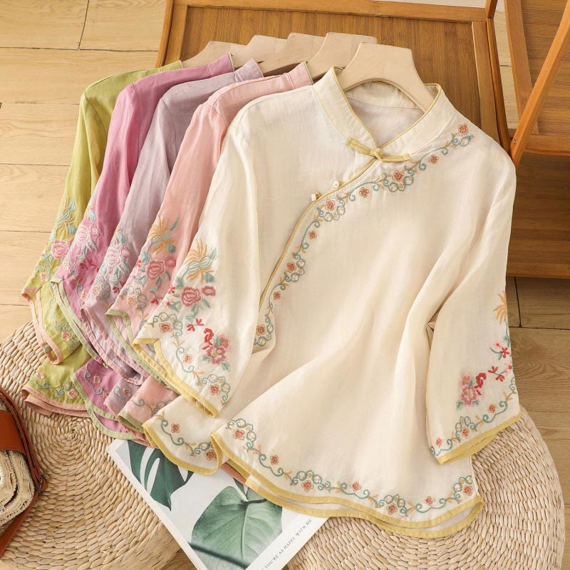 Buddha Stones Casual Women's Embroidered Flower Stand Collar Design Three Quarter Sleeve Cotton Linen Shirt - image 18