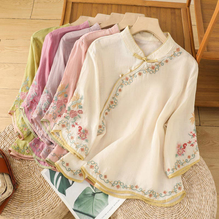 Buddha Stones Casual Women's Embroidered Flower Stand Collar Design Three Quarter Sleeve Cotton Linen Shirt - image 18