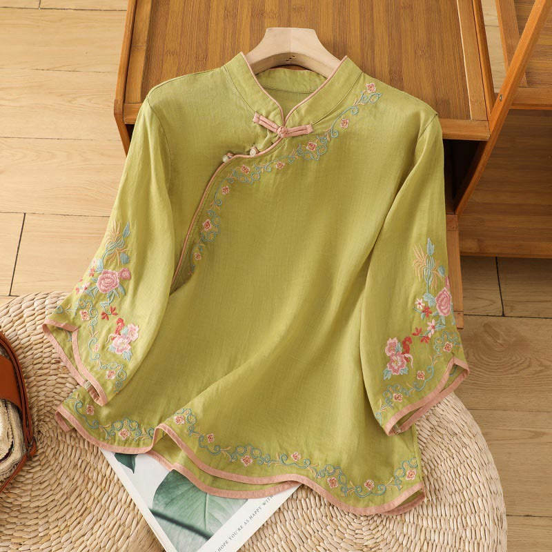 Buddha Stones Casual Women's Embroidered Flower Stand Collar Design Three Quarter Sleeve Cotton Linen Shirt - YellowGreen - US8-10，UK/AU12-14，EU40-42 (2XL) - image 8