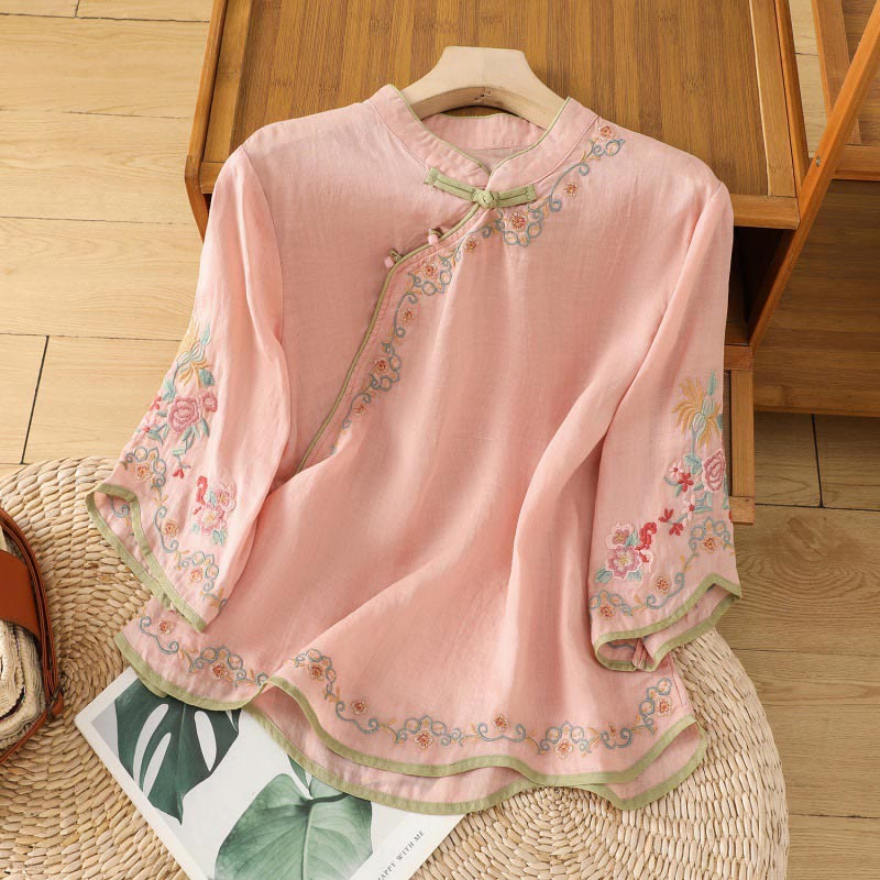 Buddha Stones Casual Women's Embroidered Flower Stand Collar Design Three Quarter Sleeve Cotton Linen Shirt