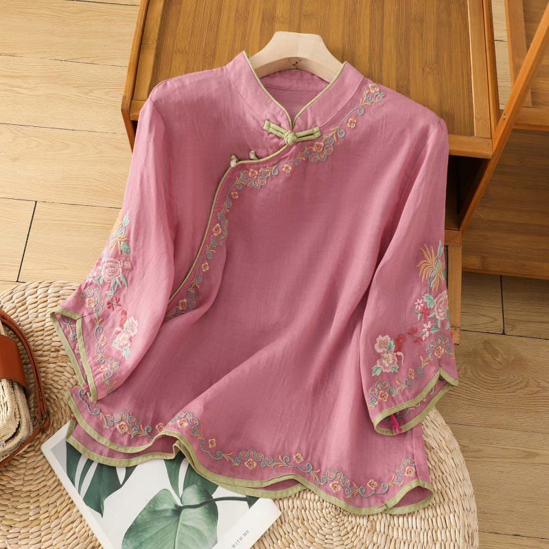 Buddha Stones Casual Women's Embroidered Flower Stand Collar Design Three Quarter Sleeve Cotton Linen Shirt