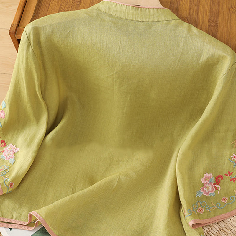 Buddha Stones Casual Women's Embroidered Flower Stand Collar Design Three Quarter Sleeve Cotton Linen Shirt - image 10