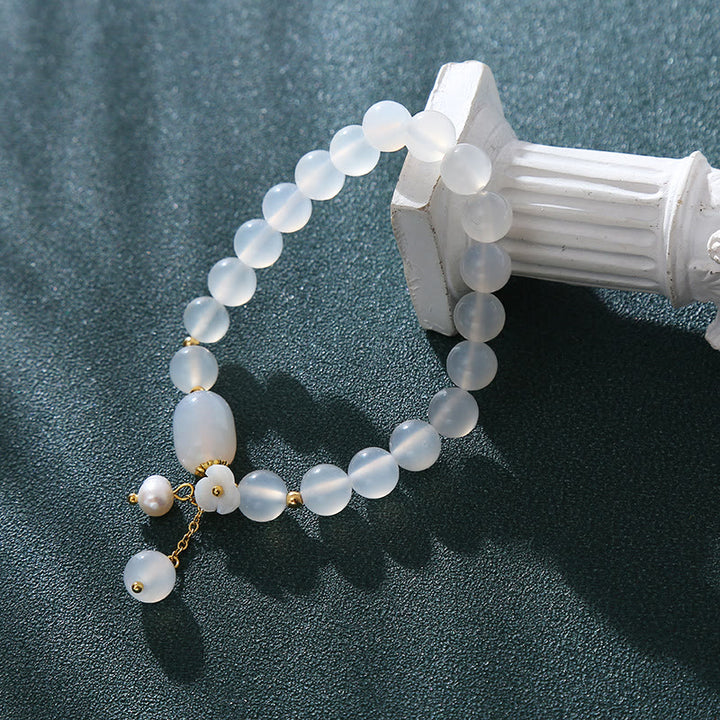 Buddha Stones White Agate Pearl Flower Luck Bracelet