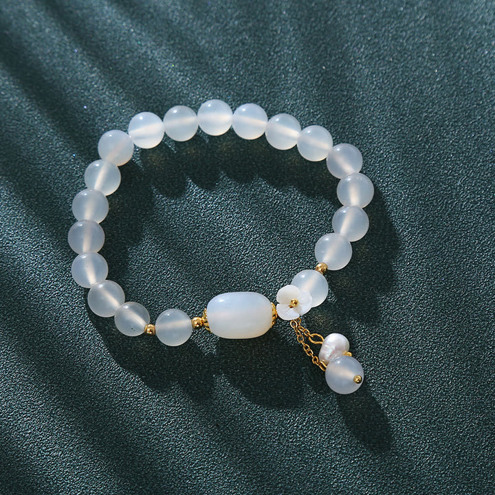 Buddha Stones White Agate Pearl Flower Luck Bracelet