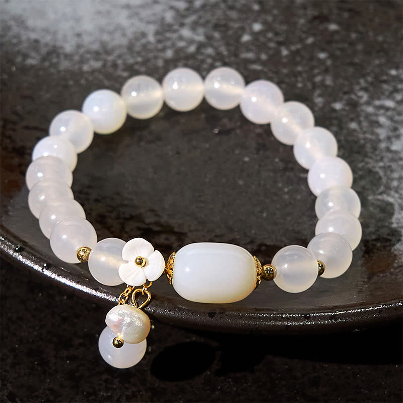 Buddha Stones White Agate Pearl Flower Luck Bracelet