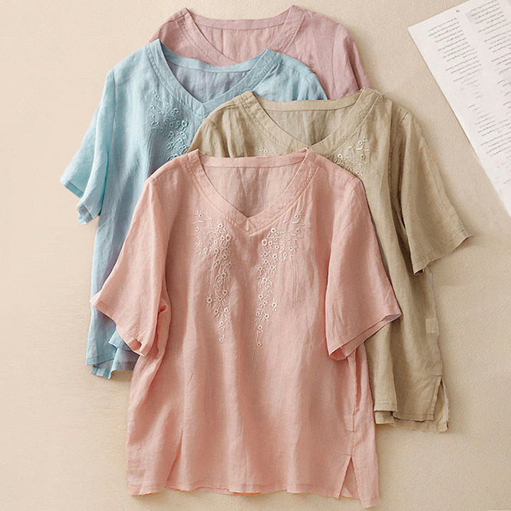 Buddha Stones Casual Women's Embroidered Flower V-neck Design Loose Half Sleeve Shirt - image 29