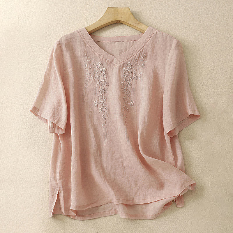 Buddha Stones Casual Women's Embroidered Flower V-neck Design Loose Half Sleeve Cotton Linen Shirt - DarkSalmon - US8-10，UK/AU12-14，EU40-42 (2XL) - image 0