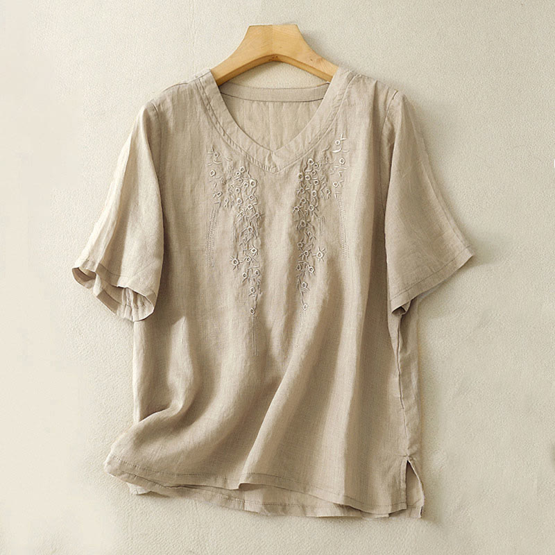 Buddha Stones Casual Women's Embroidered Flower V-neck Design Loose Half Sleeve Shirt - Tan - US8-10，UK/AU12-14，EU40-42 (2XL) - image 12