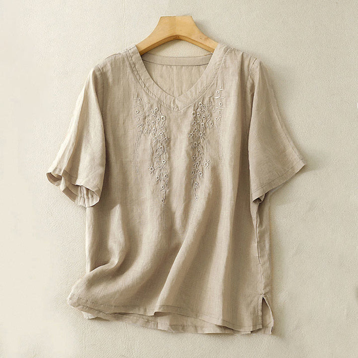 Buddha Stones Casual Women's Embroidered Flower V-neck Design Loose Half Sleeve Shirt - Tan - US8-10，UK/AU12-14，EU40-42 (2XL) - image 12