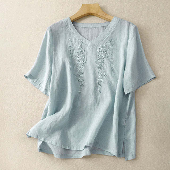 Buddha Stones Casual Women's Embroidered Flower V-neck Design Loose Half Sleeve Cotton Linen Shirt - LightBlue - US8-10，UK/AU12-14，EU40-42 (2XL) - image 21