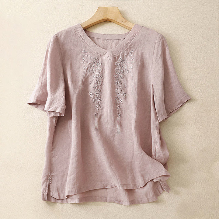 Buddha Stones Casual Women's Embroidered Flower V-neck Design Loose Half Sleeve Cotton Linen Shirt - Thistle - US8-10，UK/AU12-14，EU40-42 (2XL) - image 6