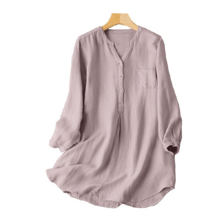 Buddha Stones Casual Women's V-neck Long Sleeve Design Three Buttons Polyester Shirt