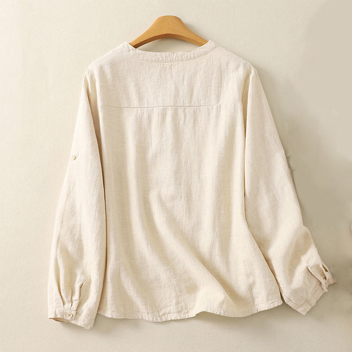 Buddha Stones Casual Women's Loose Standing Collar Long Sleeve Design Plain Cotton Linen Shirt