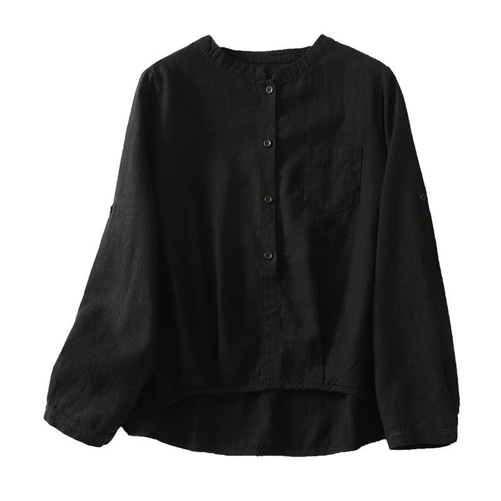 Buddha Stones Casual Women's Loose Standing Collar Long Sleeve Design Plain Cotton Linen Shirt - image 13