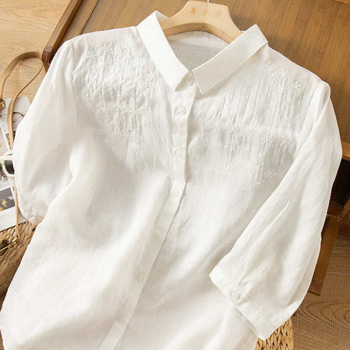 Buddha Stones Casual Women's Embroidery Standing Collar Half Sleeve Design Cotton Linen Shirt