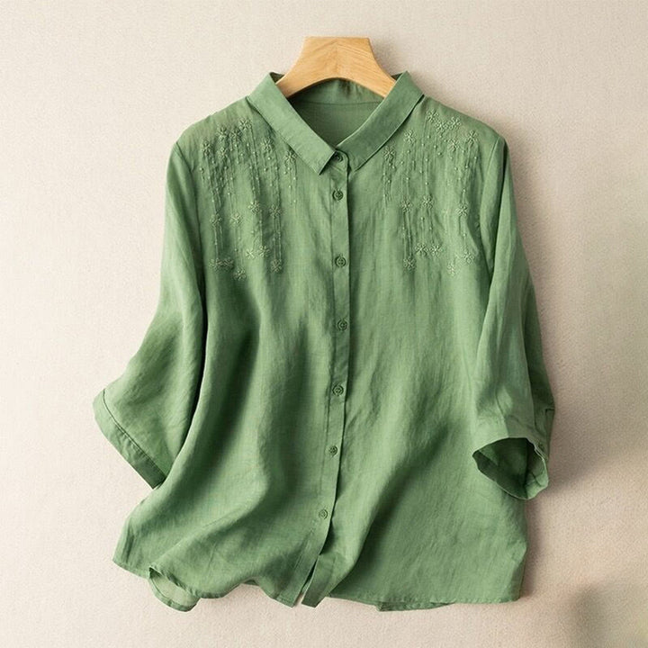 Buddha Stones Casual Women's Embroidery Standing Collar Half Sleeve Design Shirt - MediumSeaGreen - US8-10，UK/AU12-14，EU40-42 (2XL) - image 0