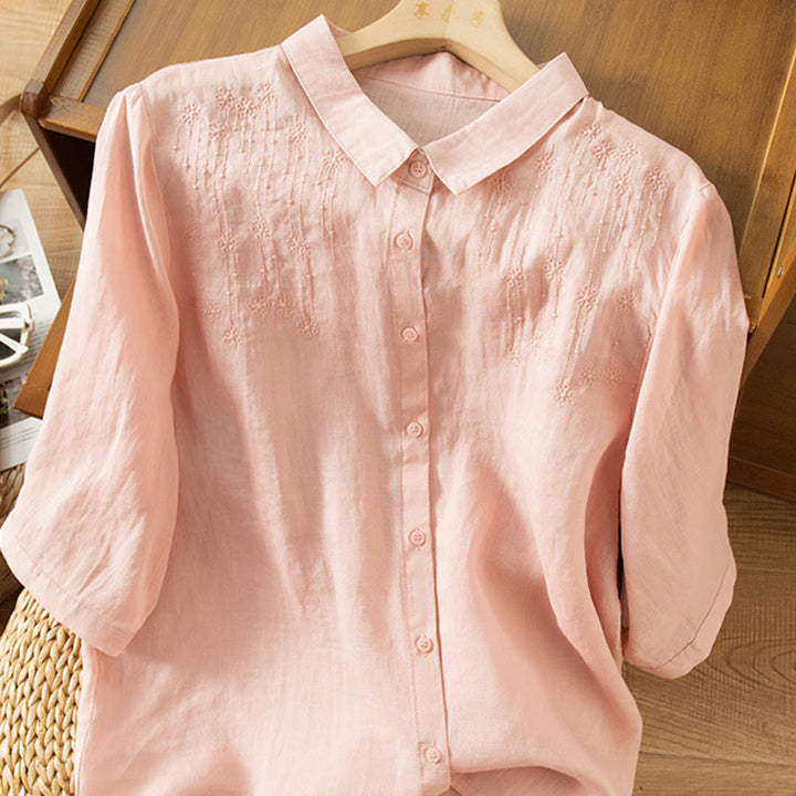 Buddha Stones Casual Women's Embroidery Standing Collar Half Sleeve Design Cotton Linen Shirt - Pink - US8-10，UK/AU12-14，EU40-42 (2XL) - image 14