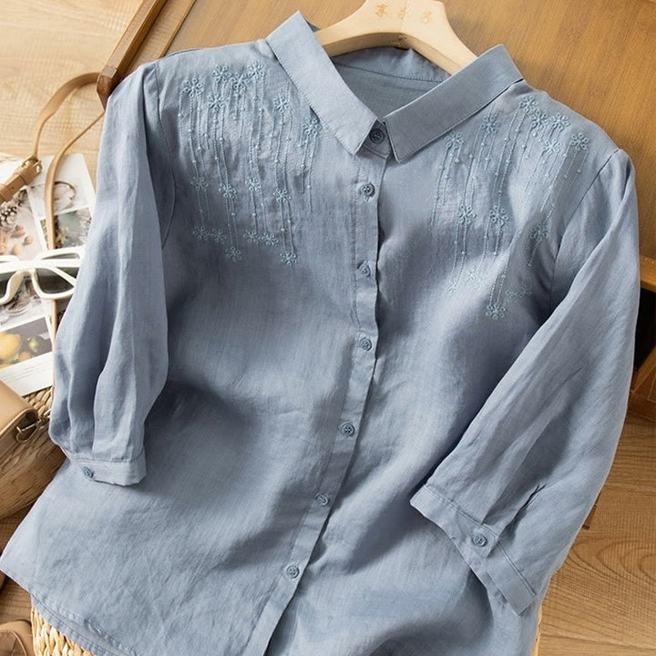 Buddha Stones Casual Women's Embroidery Standing Collar Half Sleeve Design Cotton Linen Shirt - image 11