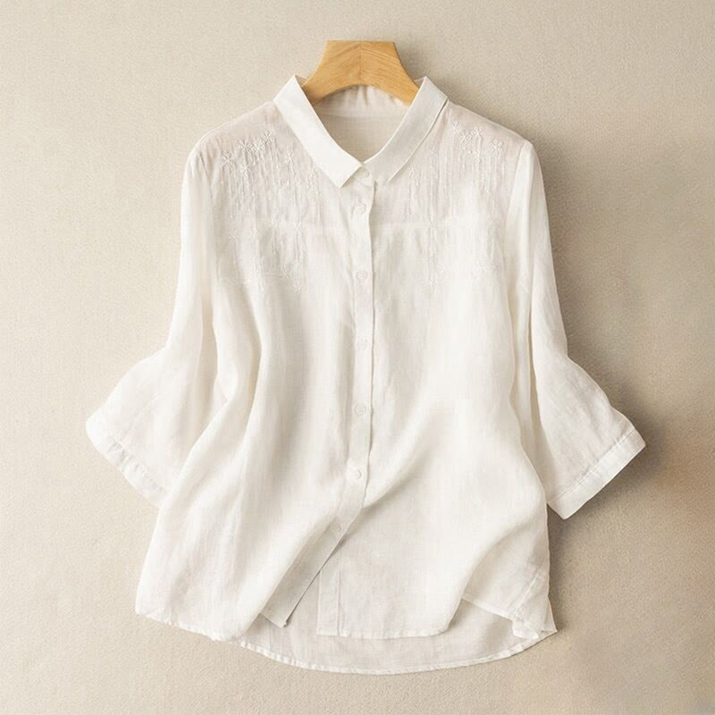 Buddha Stones Casual Women's Embroidery Standing Collar Half Sleeve Design Cotton Linen Shirt - White - US8-10，UK/AU12-14，EU40-42 (2XL) - image 5