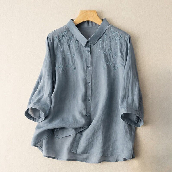Buddha Stones Casual Women's Embroidery Standing Collar Half Sleeve Design Cotton Linen Shirt - LightBlue - US8-10，UK/AU12-14，EU40-42 (2XL) - image 10