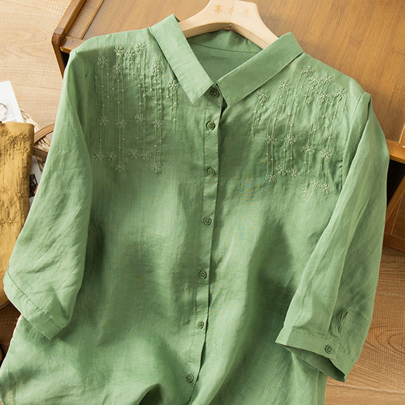 Buddha Stones Casual Women's Embroidery Standing Collar Half Sleeve Design Cotton Linen Shirt - image 2