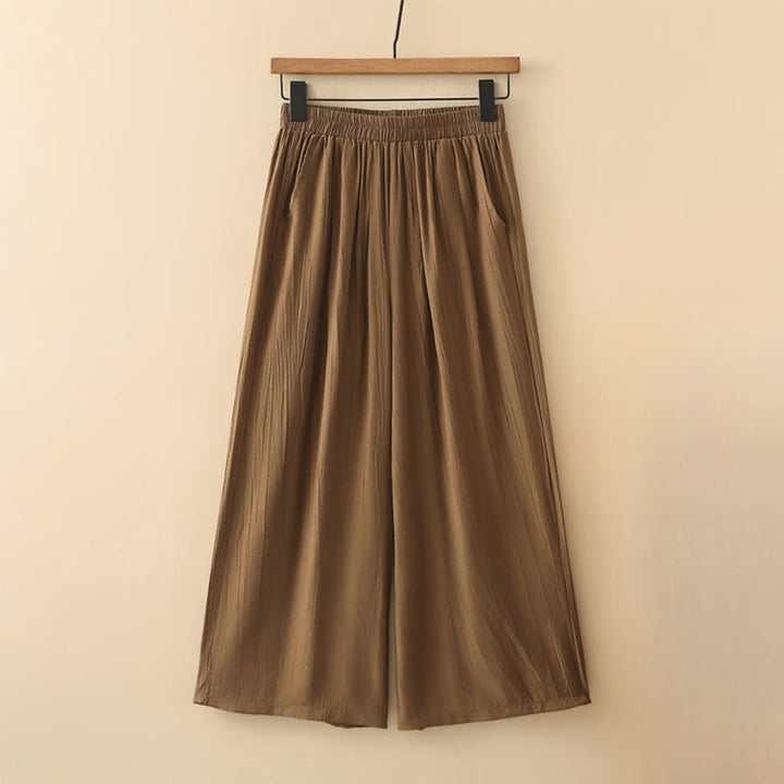 Buddha Stones Casual Plain Cotton Linen Elastic Waist Wide Leg Pants With Pockets