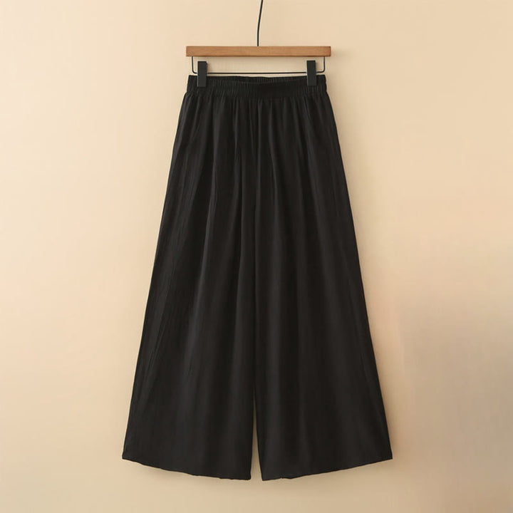 Buddha Stones Casual Plain Cotton Linen Elastic Waist Wide Leg Pants With Pockets