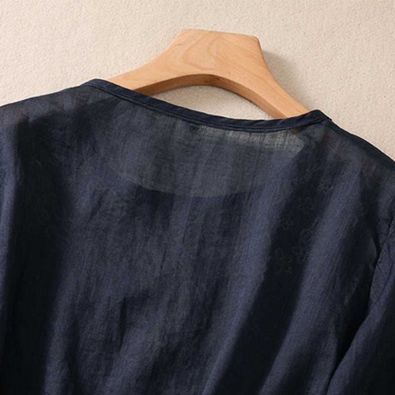 Buddha Stones Women's Crew Neck Hollow Design Half Sleeve Cotton Linen Shirt - image 10