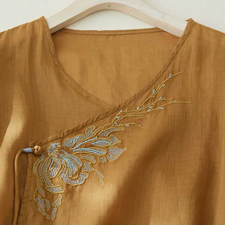 Buddha Stones Casual Women's Embroidery Plants Design Three Quarter Sleeve Shirt - image 15