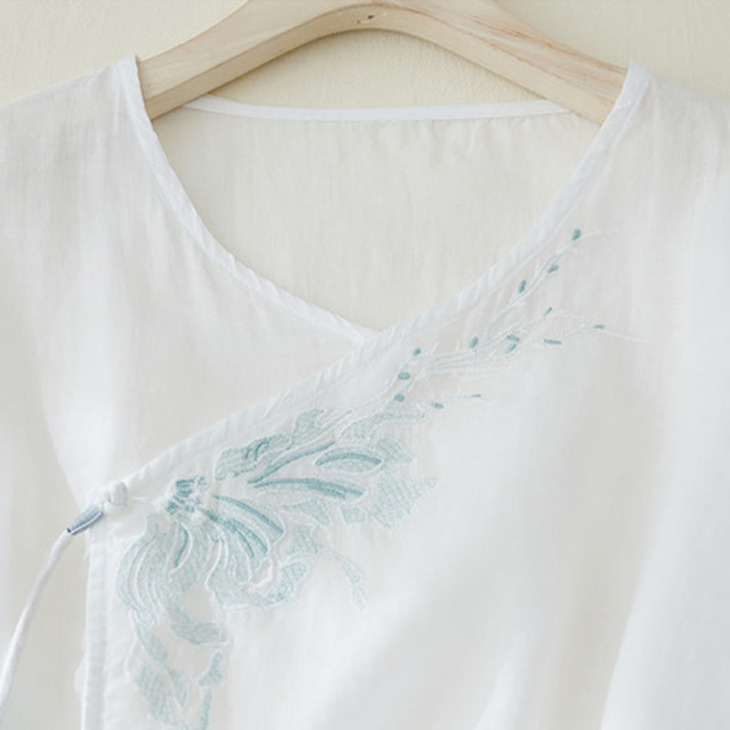 Buddha Stones Casual Women's Embroidery Plants Design Three Quarter Sleeve Cotton Linen Shirt - image 9