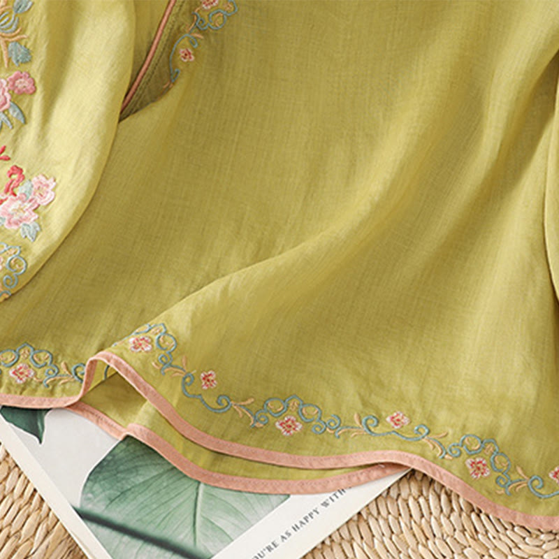 Buddha Stones Casual Women's Embroidered Flower Stand Collar Design Three Quarter Sleeve Cotton Linen Shirt - image 12