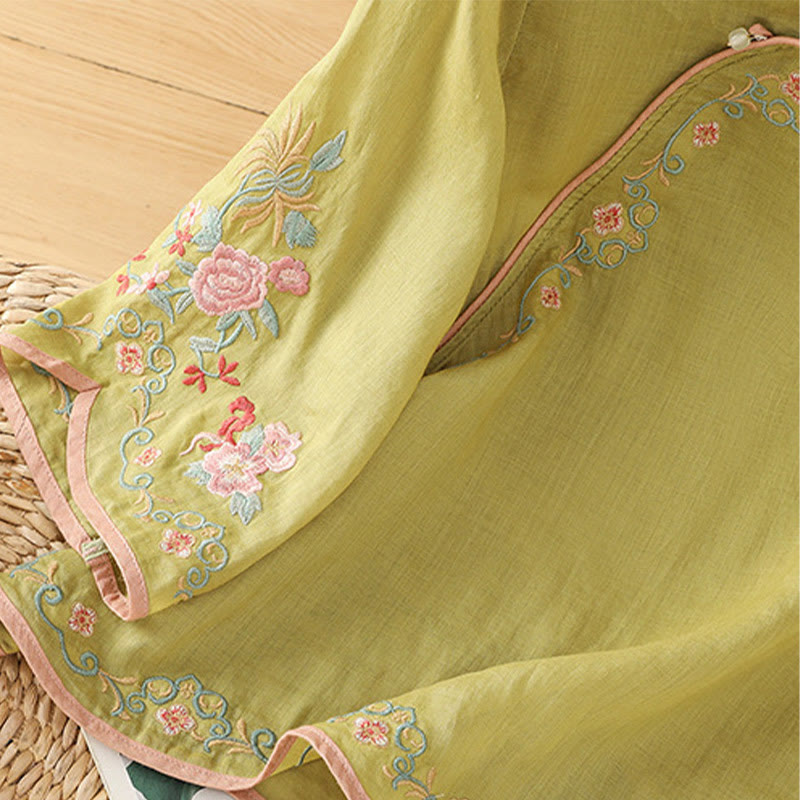 Buddha Stones Casual Women's Embroidered Flower Stand Collar Design Three Quarter Sleeve Cotton Linen Shirt - image 14