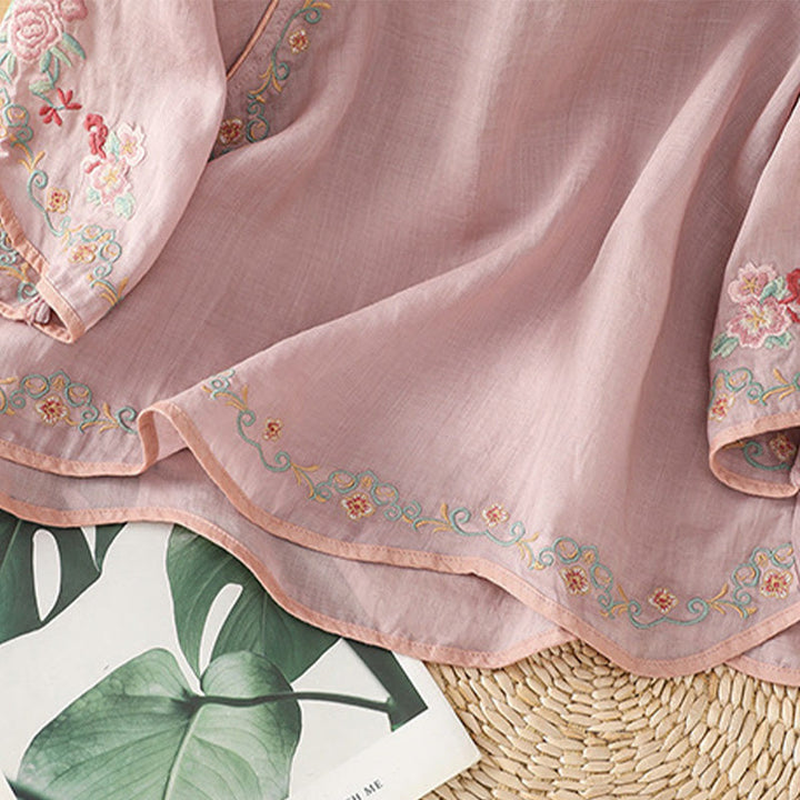 Buddha Stones Casual Women's Embroidered Flower Stand Collar Design Three Quarter Sleeve Cotton Linen Shirt - image 7