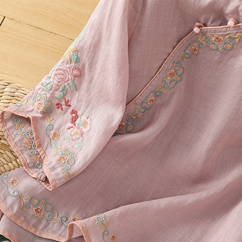Buddha Stones Casual Women's Embroidered Flower Stand Collar Design Three Quarter Sleeve Cotton Linen Shirt - image 6