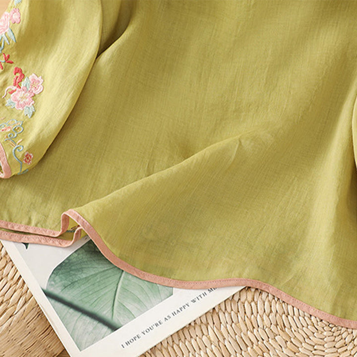 Buddha Stones Casual Women's Embroidered Flower Stand Collar Design Three Quarter Sleeve Cotton Linen Shirt - image 13