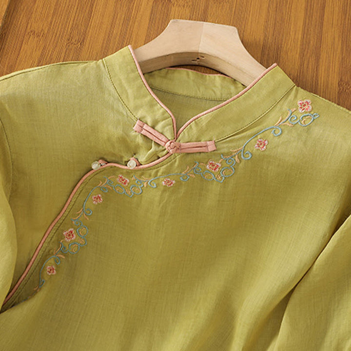 Buddha Stones Casual Women's Embroidered Flower Stand Collar Design Three Quarter Sleeve Cotton Linen Shirt - image 9